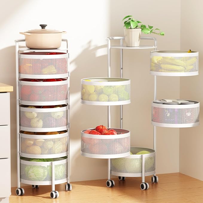 JAQ No Assembly 5-Tier Kitchen Storage Cart with Wheels, Rotating Produce Organizer for Onion, Potato & Vegetable Storage, Large Capacity Pantry Rack, White