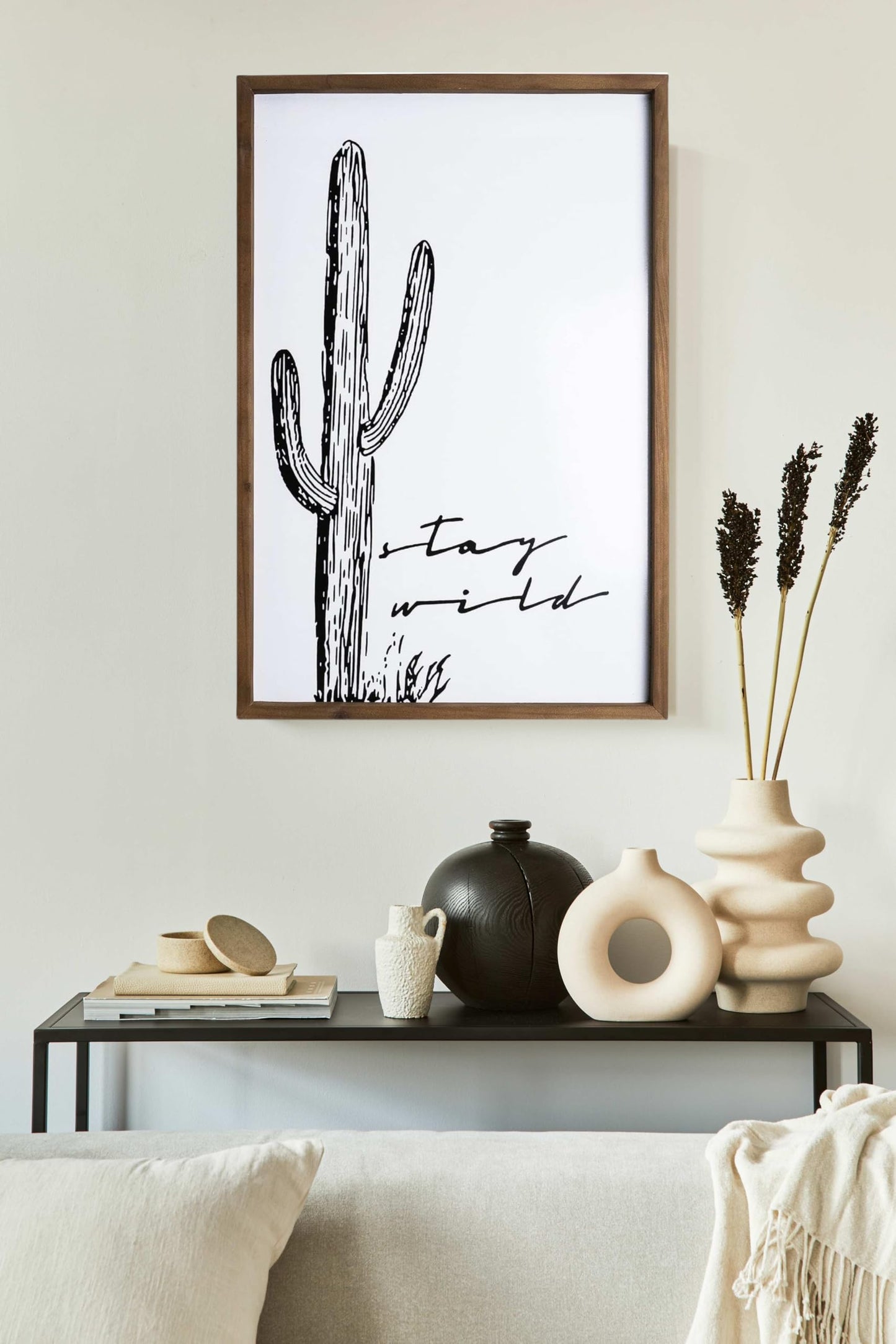 flangairy Cactus Wall Art, Wood Western Wall Decor, Black White Boho Southwestern Aztec Desert Artwork Framed, Living Room Neutral Southwest Home Decorations