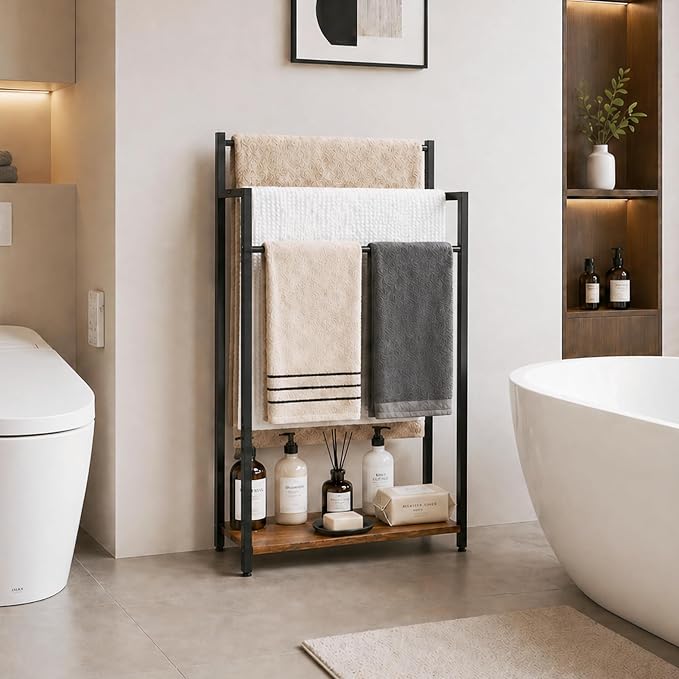 Freestanding Towel Rack, 3 Tier Blanket Ladder Stand with Rustic Brown Wooden Shelf for Bathroom Living Room (31.5" H x 16.9" W x7.9 D)