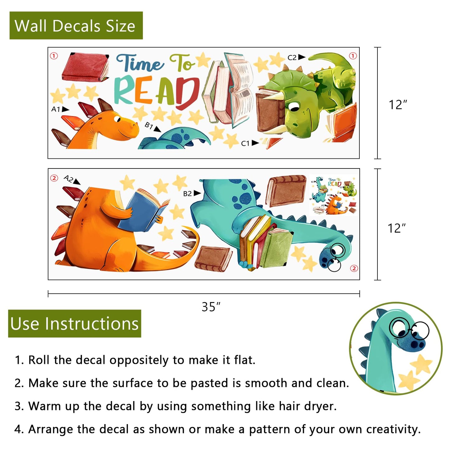 Yovkky Reading Dinosaur Wall Decals Stickers, Time to Read Dino Book Corner Baby Toddler Nursery Classroom Library Decor, Positive Quote Home Decorations Kids Bedroom Study Room Reading Nook Art