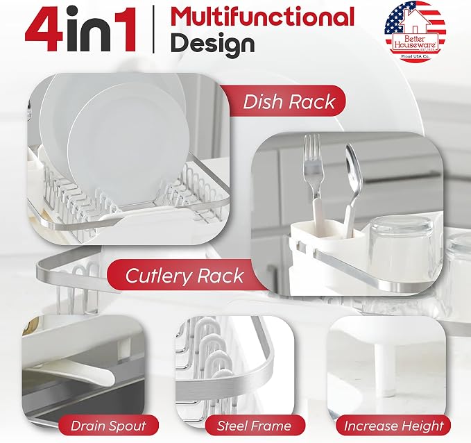 Better Houseware Expandable Dish Drying Rack - Space-Saving Stainless Steel Dish Racks for Kitchen Counter with drainboard and Detachable Cutlery Holder, Large, White
