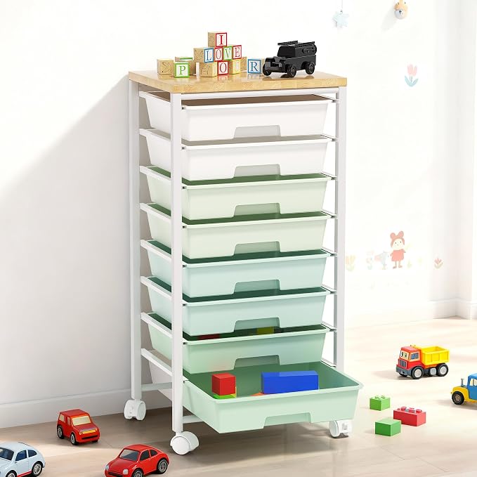 Rolling Cart with 8 Drawers, Storage Drawers Cart with Wooden Tabletop and Lockable Wheels, Craft Storage for Living Room, Office, Classroom, Craft Room, Bedroom