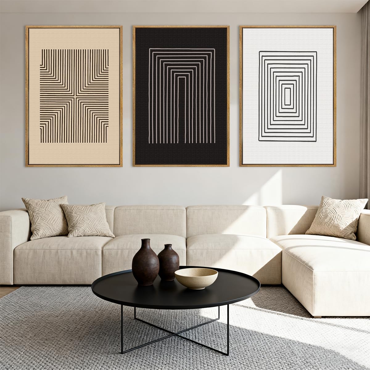 Anyzal Large Black Abstract Wall Art Framed16x24 Inch Brown and White Modern Minimalist Canvas Wall Decor Neutral Textured Art Prints for Living Room Bedroom Office Set of 3
