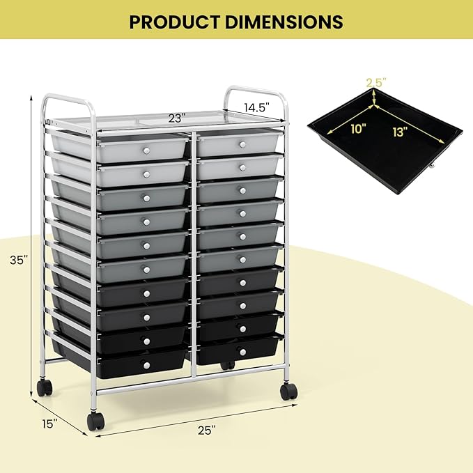 COSTWAY 20-Drawer Rolling Storage Cart, Utility Storage Organizer Cart for Tools, Scrapbook, Paper, Craft, Multipurpose Storage Trolley on Wheels for Home Office School, Mixed Black