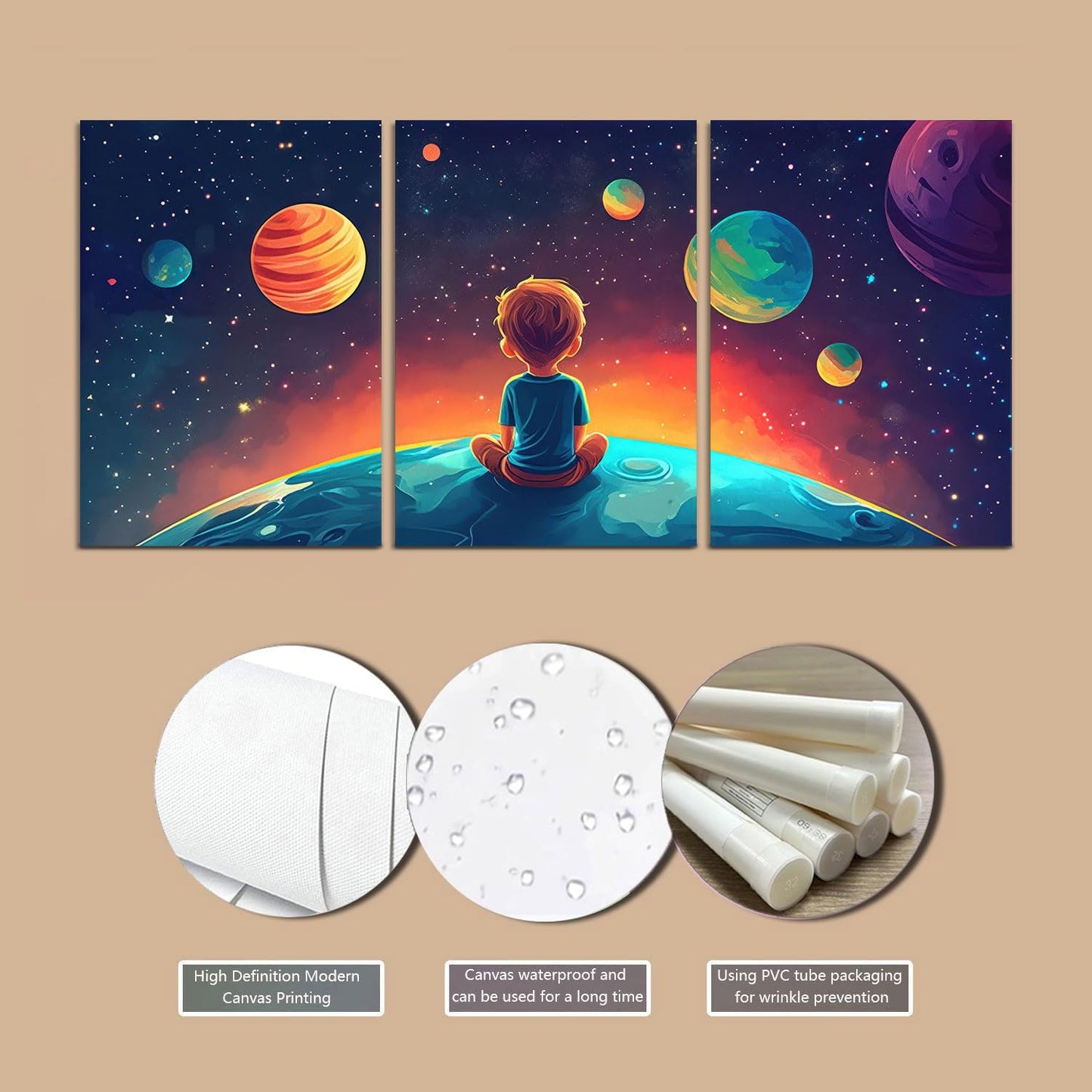 3Pcs Space Boy Wall Art Cute Inspirational Canvas Painting Space Fantasy Wall decor pictures with Planet Pattern posters Prints for Child’s Bedroom Office and Home Decoration Unframed 12x16in posters