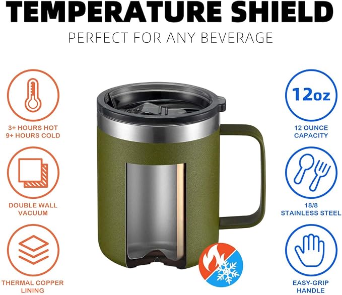 12oz Stainless Steel Insulated Coffee Mug with Handle, Double Wall Vacuum Travel Mug, Tumbler Cup with Sliding Lid, Army Green