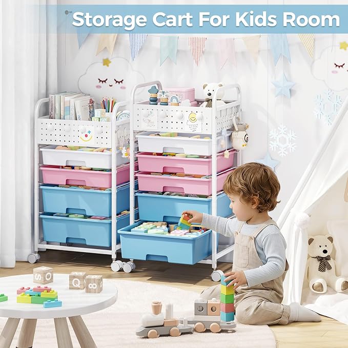 4 Drawer Rolling Storage Cart with Pegboard Top and Hooks, Mobile Organizer Cart with Wheels for Office Supplies, Craft Storage, Classroom Organization, Home Utility Cart, Pink&Blue