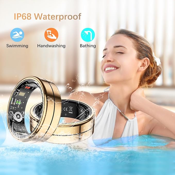 Fit Ring, Smart Health Rings for Women Men with Heart Rate,Blood Oxygen,HRV,Stress Level, Sleep Monitor, Step Tracker, No Subscription Fee, IP68 Waterproof Smart Ring for iphone &Android (Gold, 9#)