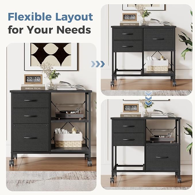 OLIXIS 3-Tier Printer Stand with Fabric Storage Drawer, Rolling Printer Cart with Lockable Wheels and Metal Frame, Under Desk Table with Open Storage Shelf for Small Spaces, Home, Office, Black