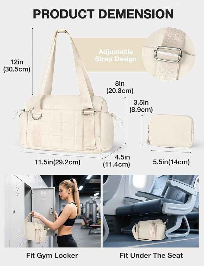 VUUDH Puffy Mini Gym Bag for Women, Carry On Multi-Pocket Water-Resistant Duffel, Lightweight Sports Bag for Fitness, Work, Travel, Daily Commute,Beige