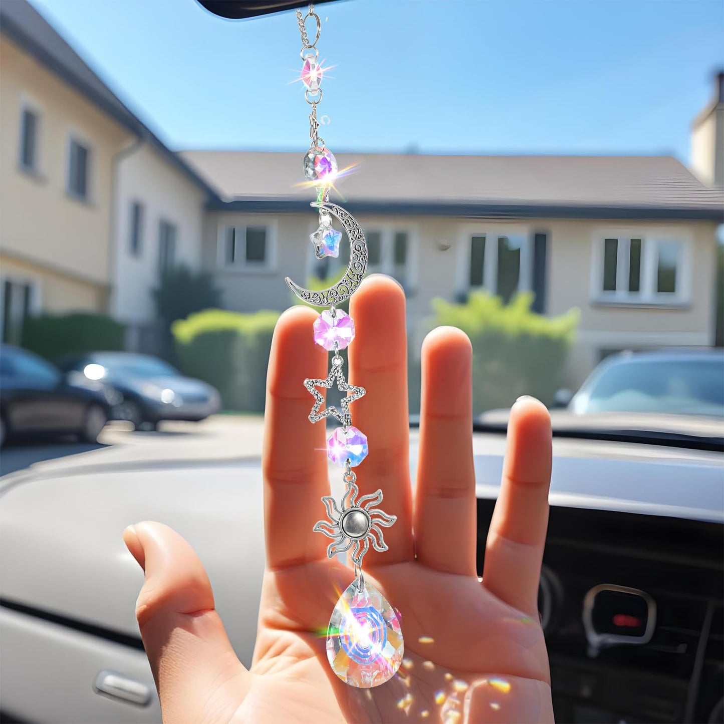 XLIUAX Moon and Star Rear View Mirror Car Charm, Cute Boho Sun Catcher Pendant Hangings Ornaments Healing Crystals Stones Car Decor for Women Men(B)