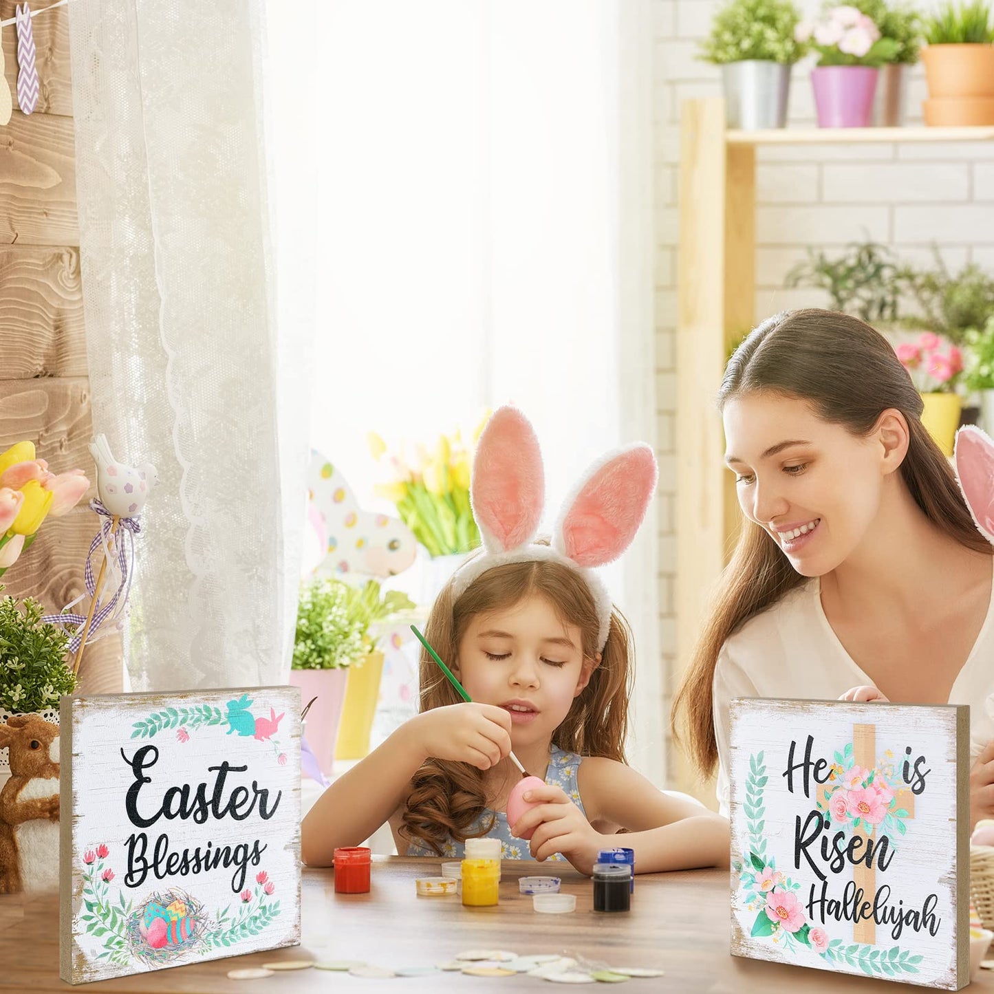 2 Pieces Farmhouse Easter Table Decoration Signs Wood Religious He Is Risen Centerpieces Flower Hallelujah Rustic Christian Jesus Block Signs Easter Decorations for Home Mantel Shelf Office Desk Decor