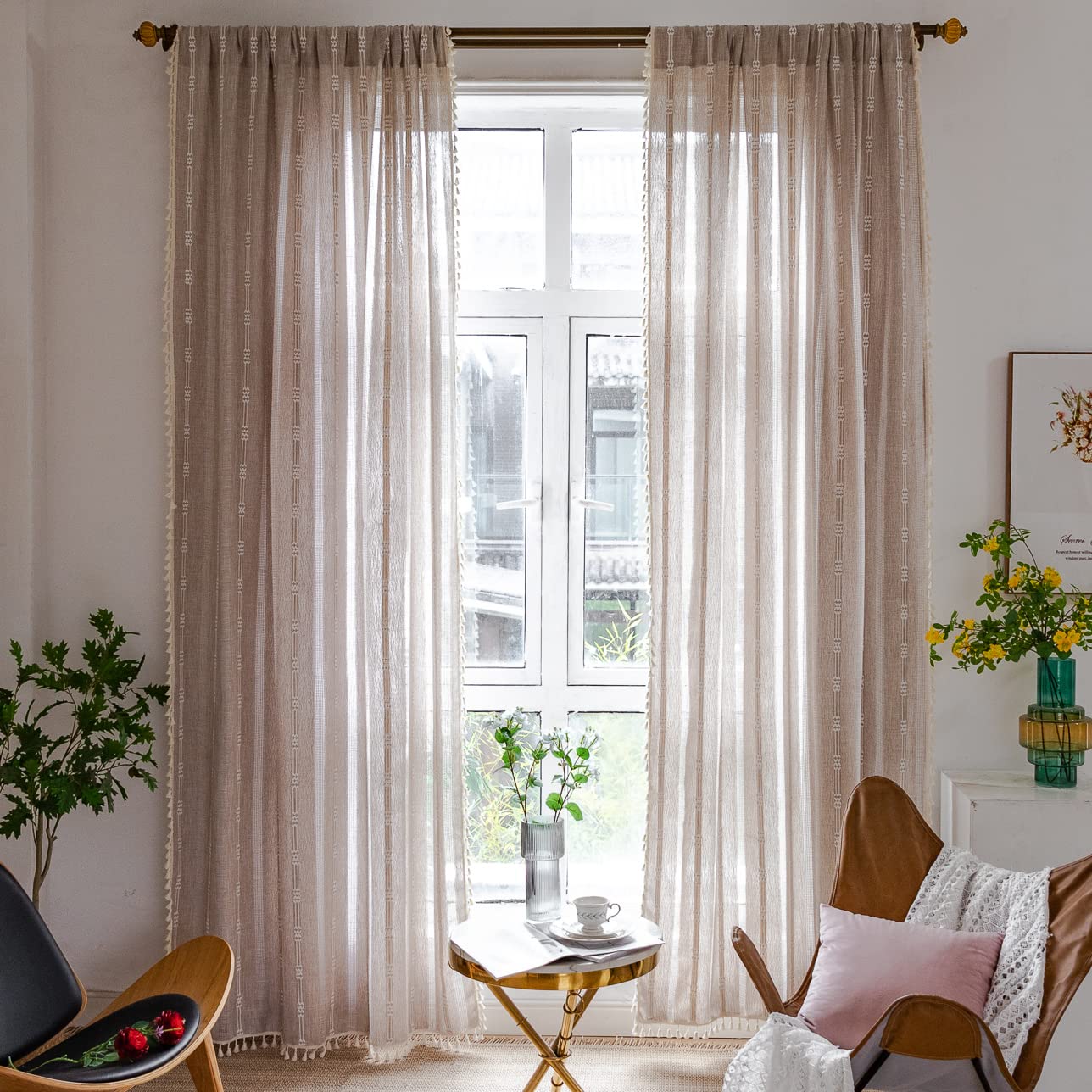Colorigan Boho Semi Blackout 63 84 96 Inches Length 2 Panels Set Farmhouse Window Curtains with Tassels, Striped Embroidered Rustic Cotton Linen Long Bohemian Curtain Drapes for Living Room, Bedroom