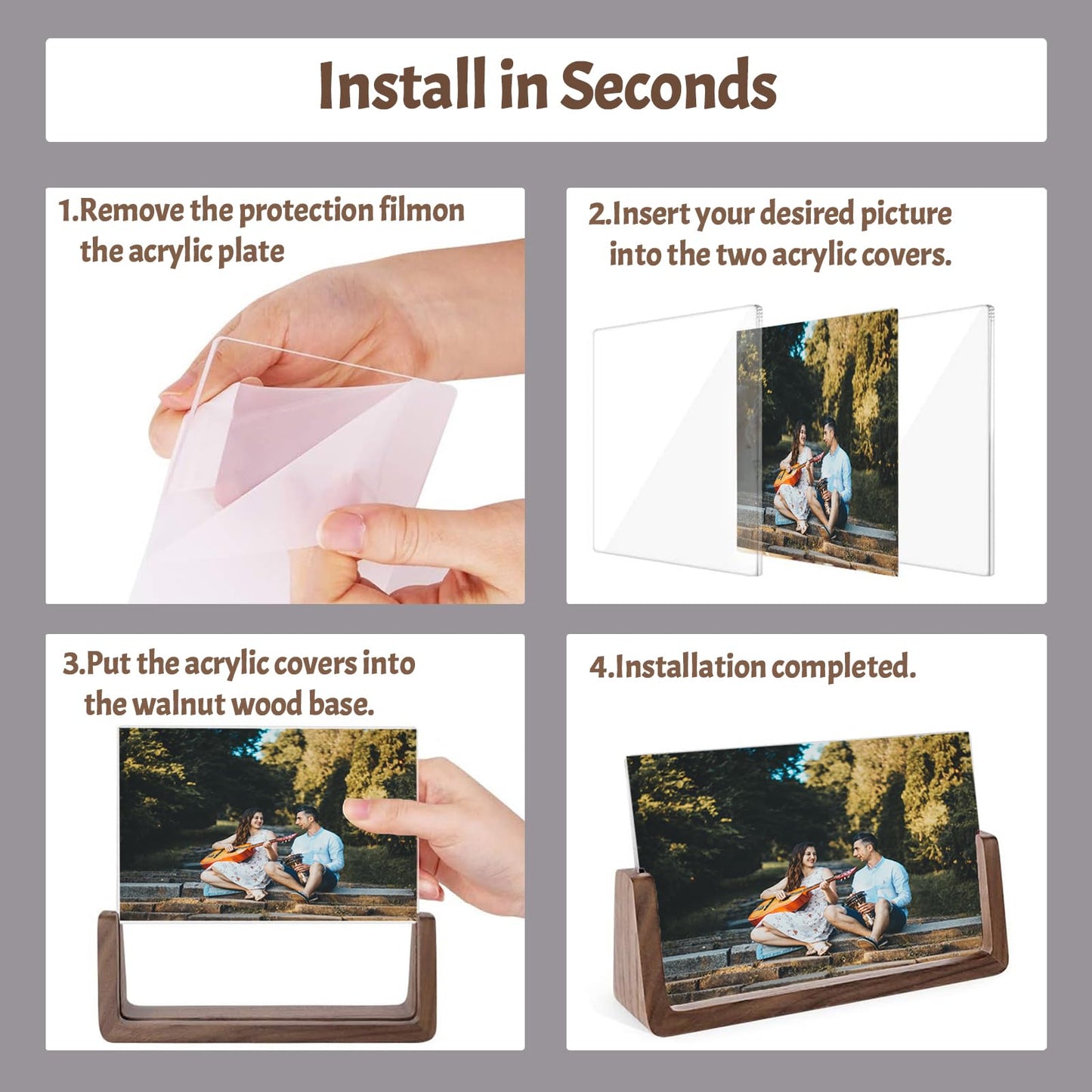 HETOOSHI Walnut LED Night Light Photo Frame - Illuminated Acrylic Picture Frame with Glowing Wooden Base, USB Powered Including charger, Easy Photo Swap (Vertical, 4X6 inch ﻿)