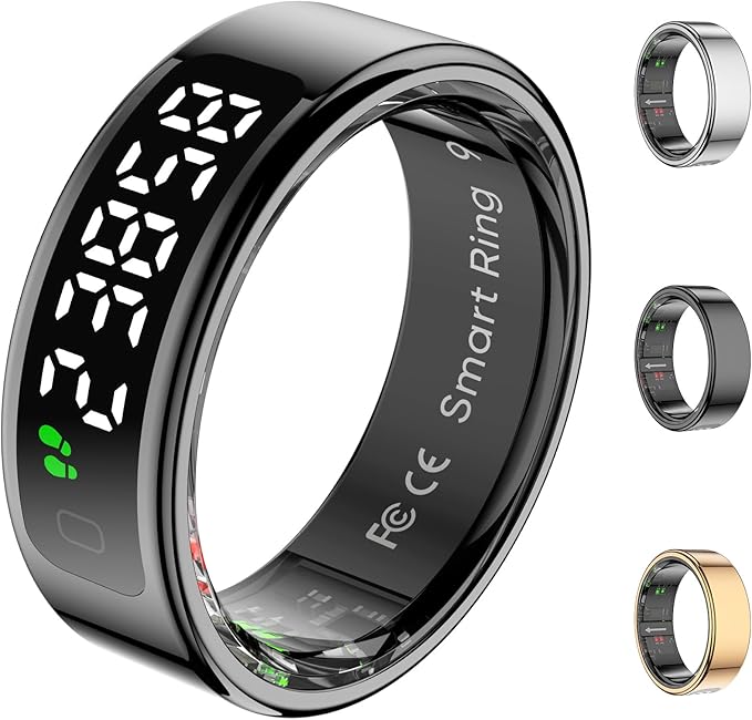 Smart Rings for Men with Display Screen, Fitness Ring with Wireless Charging, Sleep Tracker Ring with Heart Rate, Health Rings for Activity Monitoring/Steps/Calories, for iOS Android (Black,9#)