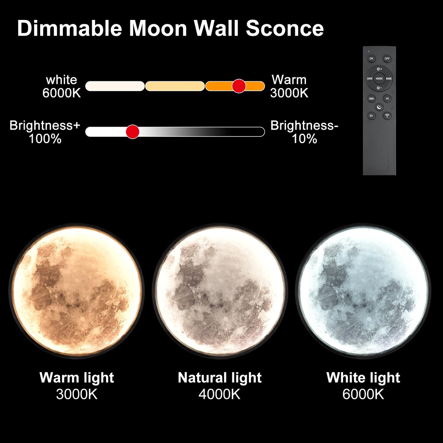 Skylumate Battery Operated Moon Wall Sconces 3 Color Dimmable Rechargeable Moon Wall Light with Remote Control 9.5inch Black Moon Wall Lamp Indoor Wall Mounted Lighting for Living Room Bedroom