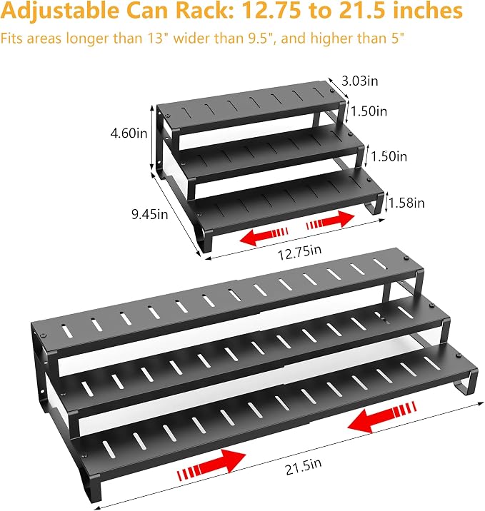 Attelite 3 Tier Expandable Can Rack Organizer for Pantry, Adjustable 13"-21" Metal Soda Can Organizer, Pantry Organization Canned Food Storage Holder for Kitchen Cabinet Countertop, Black 1Pack