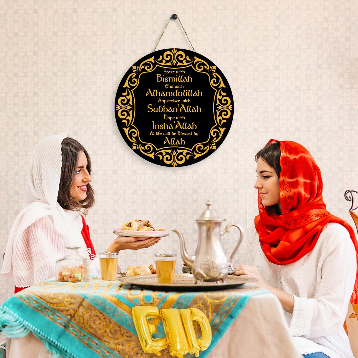 Ramadan Islamic Decor Hanging Eid Decorations Start and End with Allah Appreciate Hope with Allah Black Gold Round Wooden Sign for Muslim Home Door Decor Party Supplies