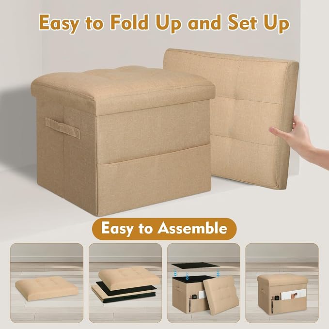 BelugaHelper Ottoman with Storage, Small Storage Ottoman Foot Rest with Thicker Foam Padded Seat. Foldable Linen Cloth Foot Stool for Living Room Bedroom, Holds Up to 300 lbs, 17x13x13IN(Beige)