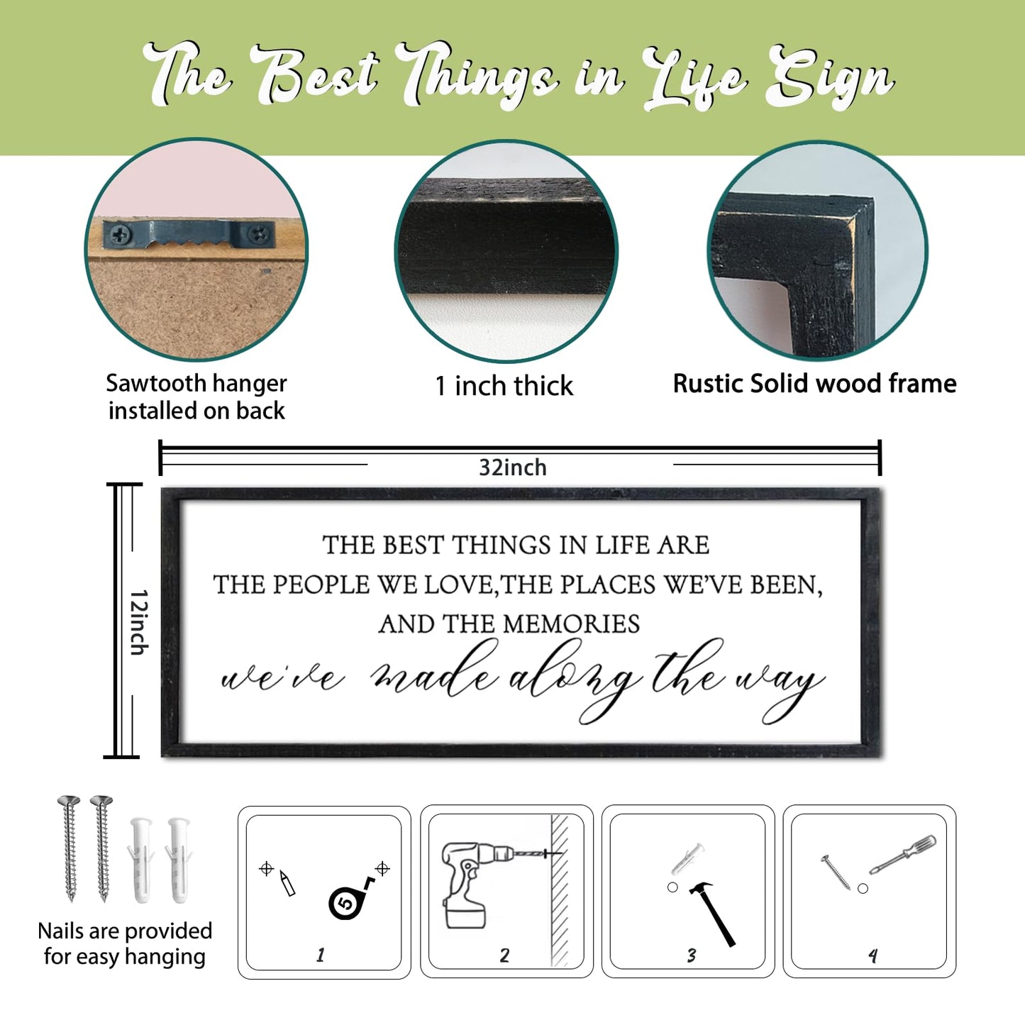 LuZhiQiang The Best Things in Life Wall Decor Sign 32 x 12 Inch Memories Inspirational Quotes Wood Framed Family Entryway Living Room Home Wall Art for Farmhouse Bedroom Room (Black)