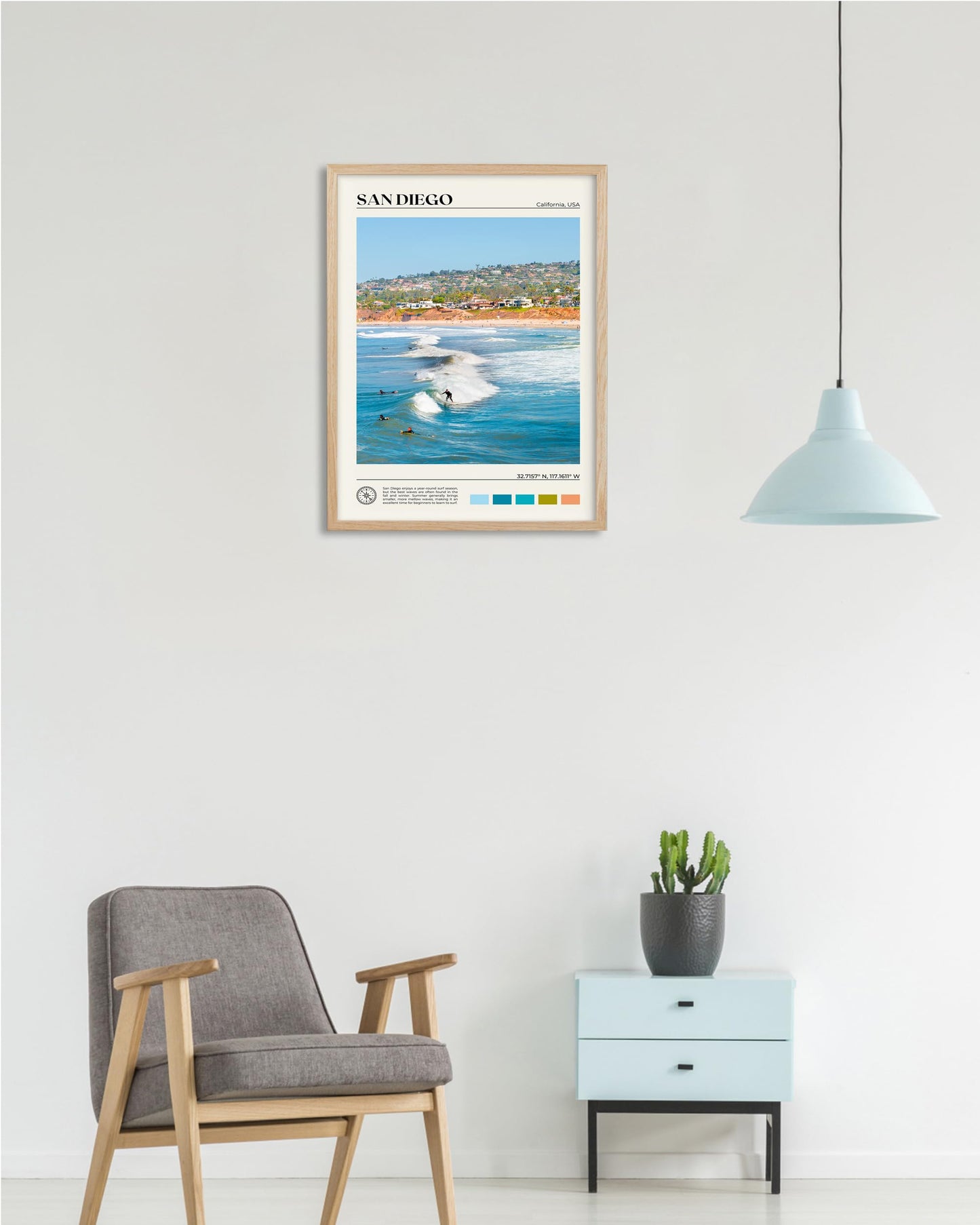 HesenDot Natural OAK Wood San Diego Surfing Framed Wall Art,12x16in Natural Seascape Canvas Wall Print,Classic Urban Landmark Wall Decor for Living Room,Bedroom,Office Gallery Gifts Set of 1