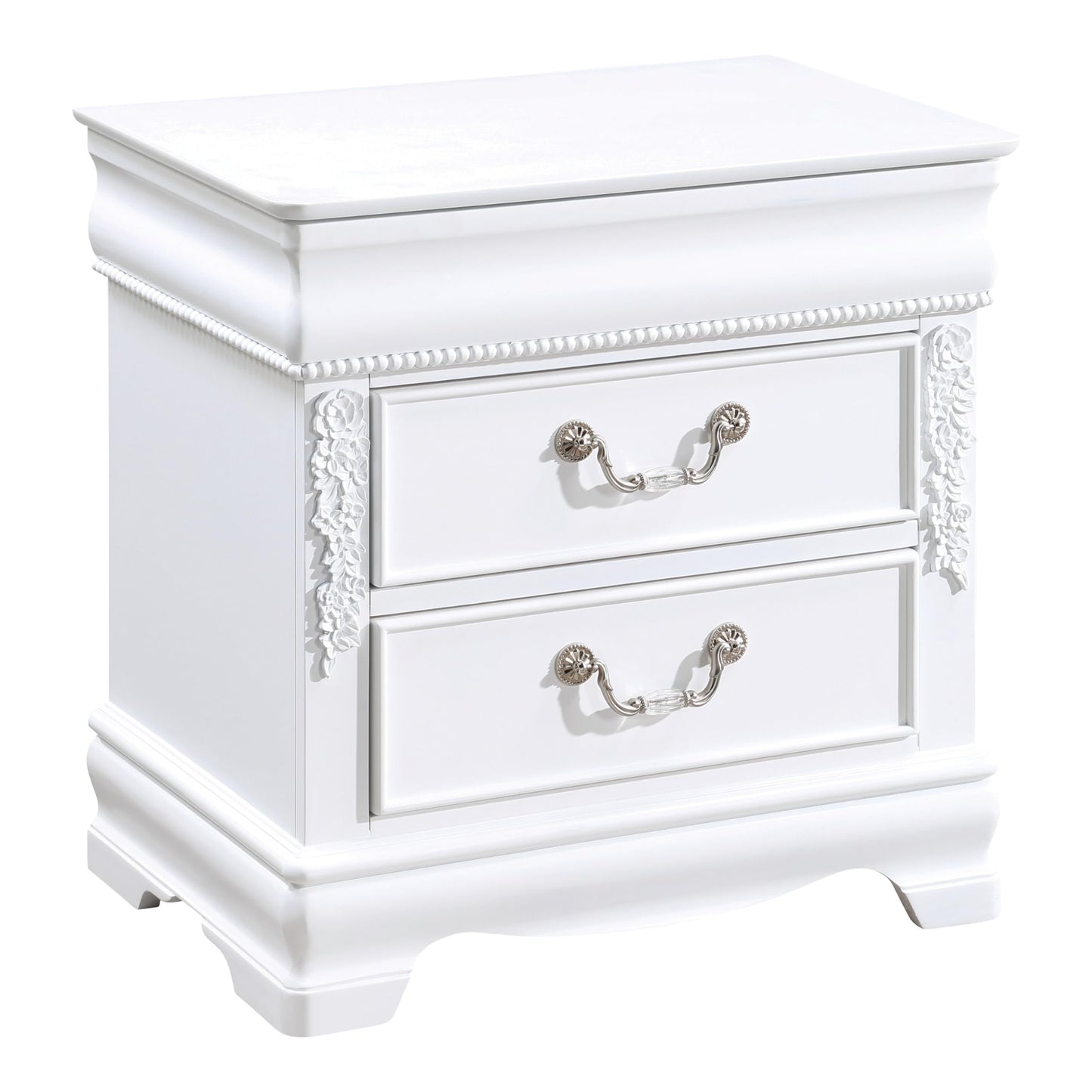 Furniture of America Lyoth Solid Wood 2-Drawer Nightstand with USB Charger, Felt-Lined Top Storage Bedside Table and Nickel Hanging Pulls, No Assembly for Bedroom, Guest Room, White