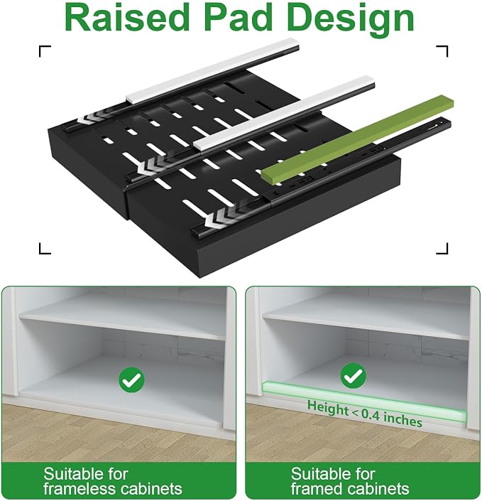 PAKETA 1 Pack Expandable Pull Out Cabinet Organizer, 21'' Deep Pull Out Drawers for Cabinets, Upgrade 3 Slide Rails Sliding Drawers for Cabinet with Adhesive Nano Film (Black)