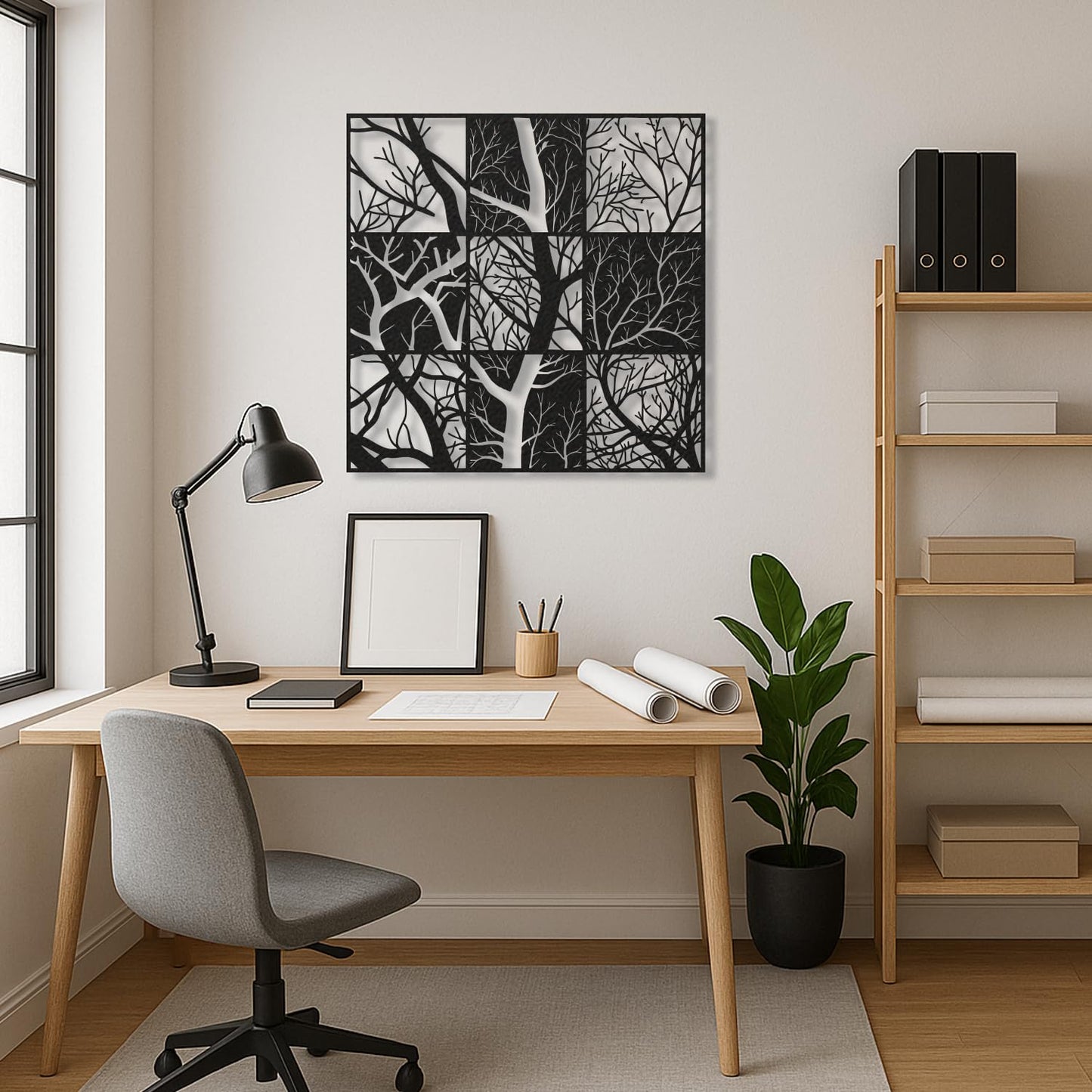 Modern Tree Branch Metal Wall Art Abstract Black and White Sculpture for Living Room, Office, Hallway, Nature-Inspired Home Decor (Black, 35" x 35" / 90 x 90 cm)