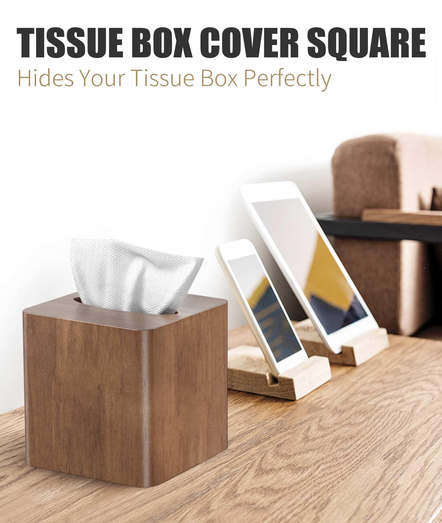 Livelab Tissue Box Cover Square - Oak Wood Tissue Box Holder for Living Room, Dinner Table, Bathroom, Office - Decorative Wooden Cube Facial Tissue Cover for Modern Farmhouse Home Decor | Brown