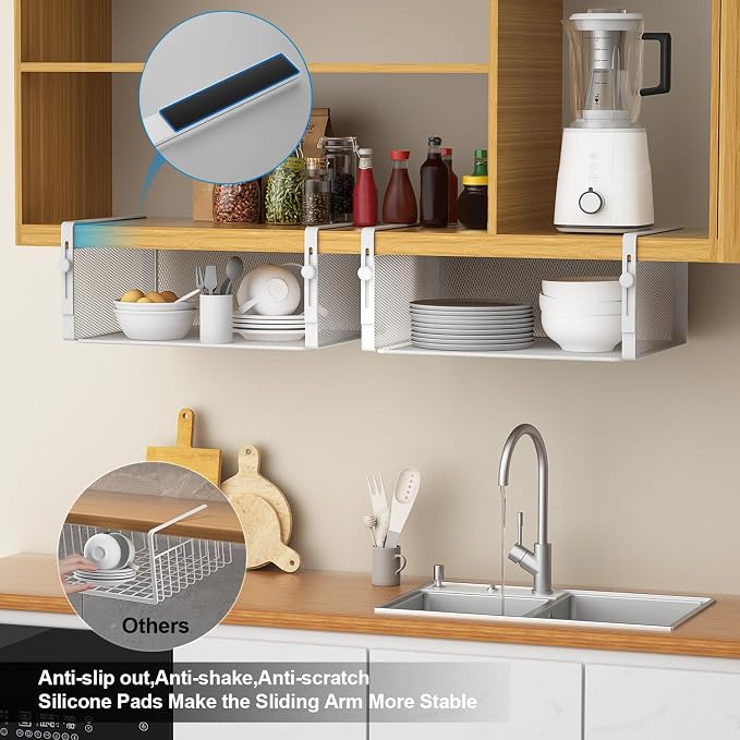 AmonHouseware 2Pack Under Shelf Basket Organizer,Adjustable Hanging Holder for Cabinet Pantry Kitchen Cupboard Desk Counter Bookshelf Organization Add-on Space Saver Heavy Duty Slide-in (White, Large)