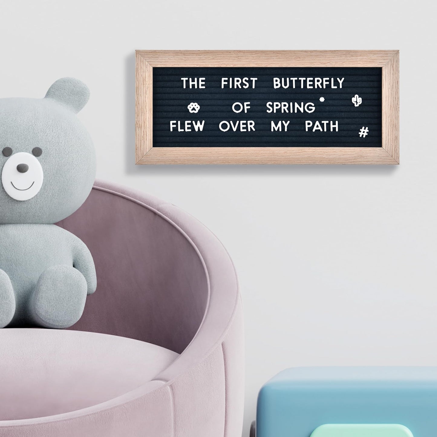 Small Felt Letter Board with 374 Letters, Numbers & Symbols - 12 x 5 inch Mini Changeable Message Board with Wooden Frame Wall Mount Hook (Black)