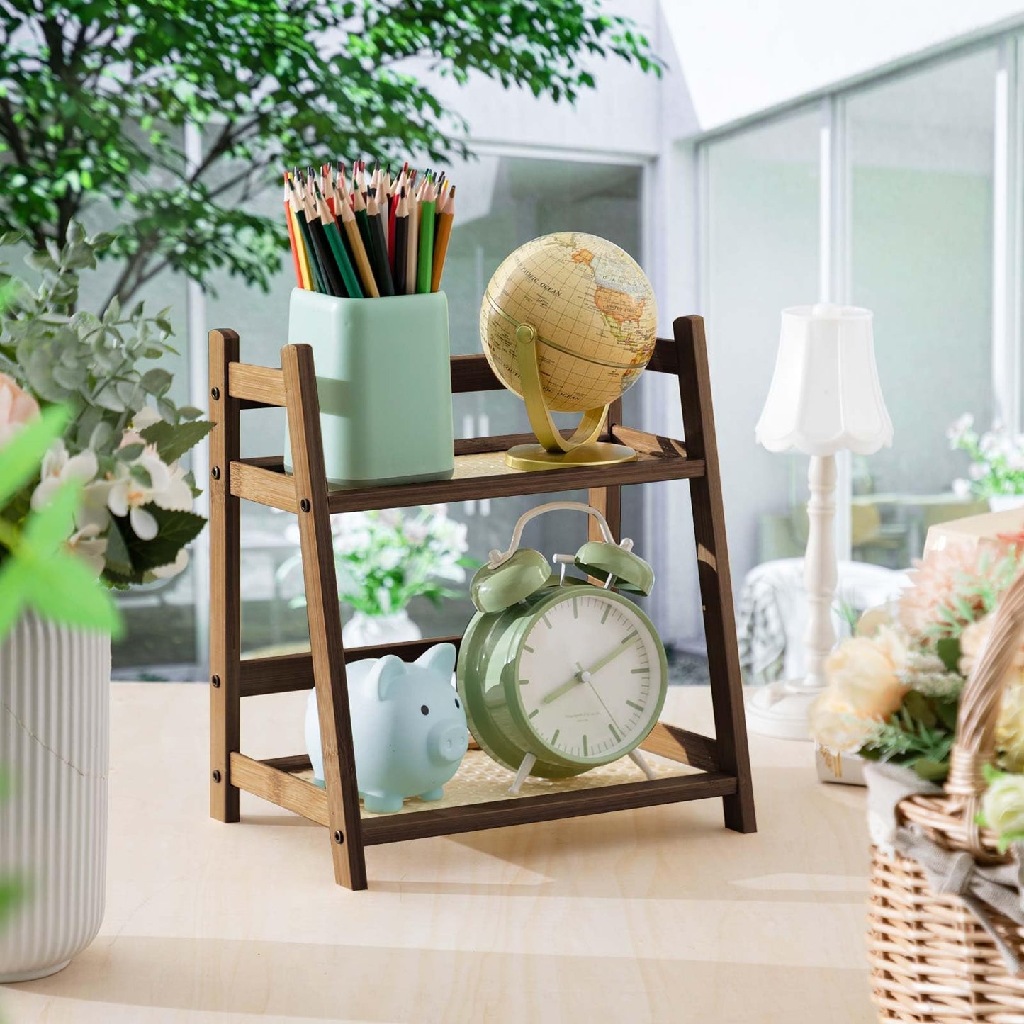 Yalikop 1 Pcs 2 Tier Matcha Station Shelf Bamboo Coffee Mug Stand Countertop Storage Rack, Double Layer Rattan Office Cup, Kitchen, Tea, Plant, Bar Accessories Condiment Display(Brown,10.2 Inch)