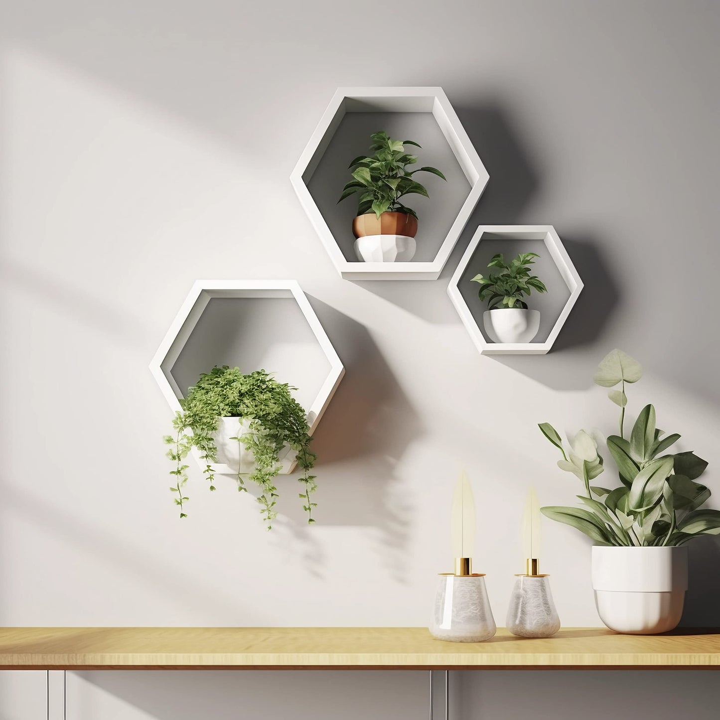ROSE BLOOM Set of 3 White Wood Hexagon Shelves for Wall Decor - Farmhouse Honeycomb Shelves for Living Room Decor, Kitchen Storage, Mounted Storage - Durable, Stylish & Versatile
