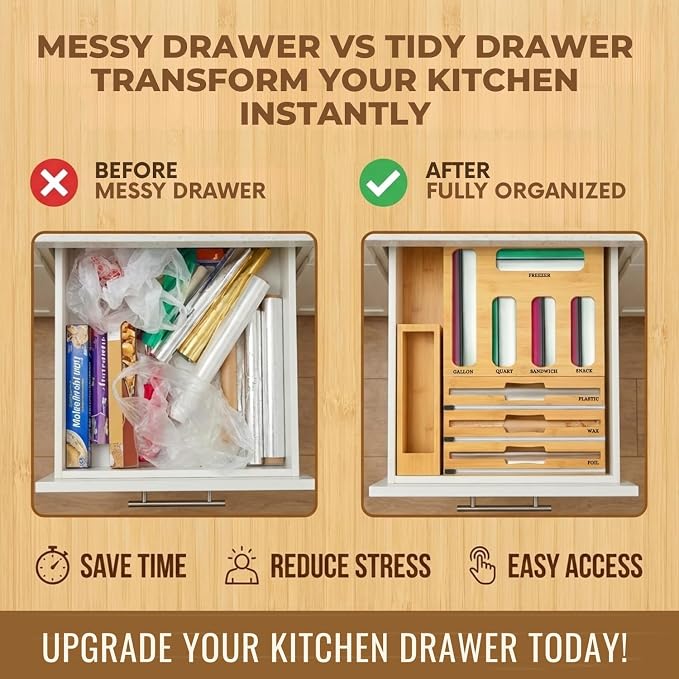 9 in 1 Storage Bag Organizer for Kitchen Drawer, Foil and Plastic Wrap with Cutter, Organizers Compatible Gallon, Quart, Sandwich Snack