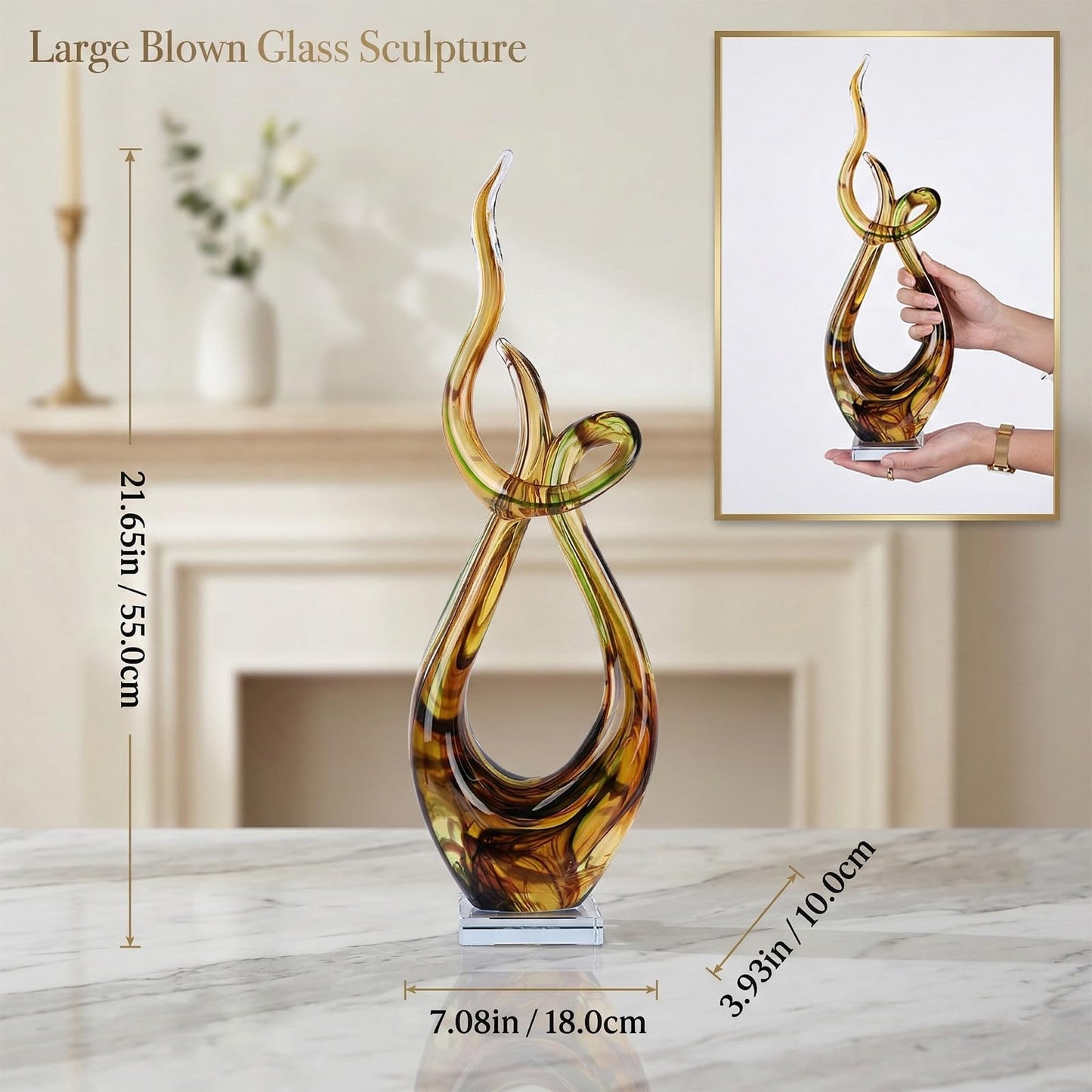 LCCCK 21.7in Tall Abstract Glass Sculpture Knot Spiral Statue, Amber Hand Blown Glass Art Decor for Home Living Room Bedroom Shelf Mantel Tabletop Display Decorative Figurine