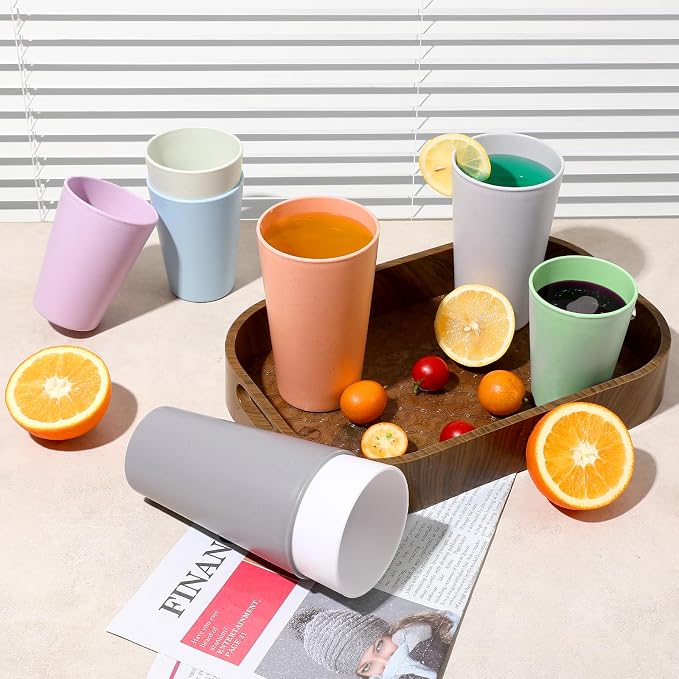 HEYCOME Set of 16 Wheat Straw Cups, 16 Pcs 20 oz Unbreakable Drinking Cups, Reusable Plastic Cups Sets, Water Glasses Tumblers, Microwave & Dishwasher Safe, Bpa Free, 8 Colors