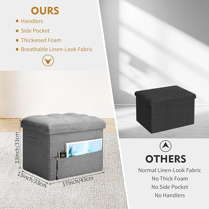 BelugaHelper Storage Ottoman Foot Rest, Folding Linen Foot Stool with Thicker Foam Padded Seat. Small Ottoman with Storage Bench for Bedroom Living Room, Holds Up to 300 lbs, 17x13x13IN (Light Gray)