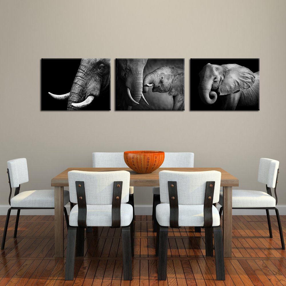 KREATIVE ARTS - Black and White Elephant Canvas Wall Art Decor Animal Painting Prints Artwork for Living Room Office Decor Giclee Canvas Prints Ready to Hang 12x16inchx3pcs/set