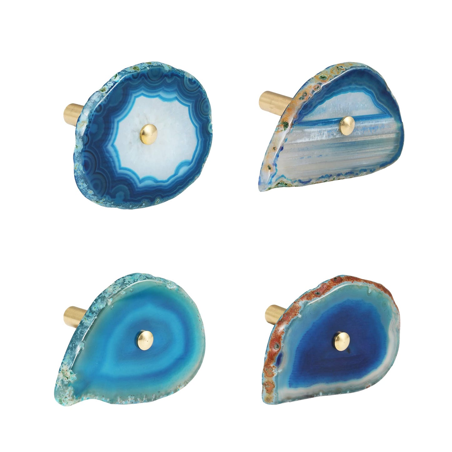 4 Pcs Unique Agate Blue Coat Hooks - Wall Mounted Decorative Hooks with Brass Finish - Holds Hats, Bags, Curtains