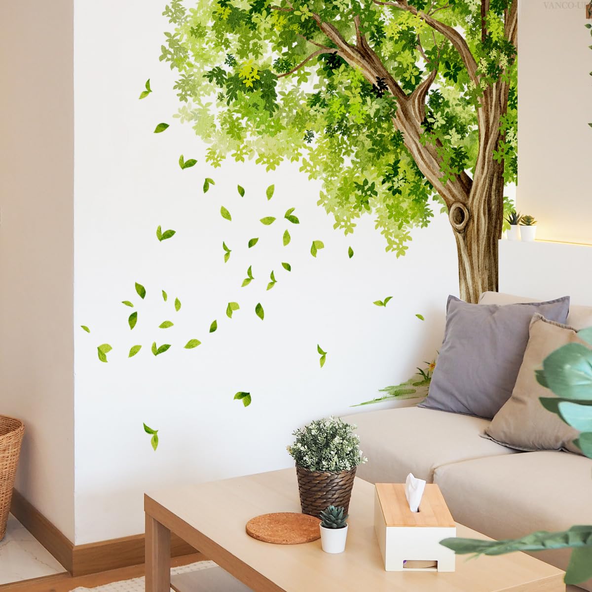 ZARROUEA Large Tree Wall Decals Green Big Tree and Falling Leaves Wall Stickers Peel and Stick Removable Wall Art Decals DIY Vinyl Green Trees Home Decor for Bedroom Kids Bedroom Sofa TV Background