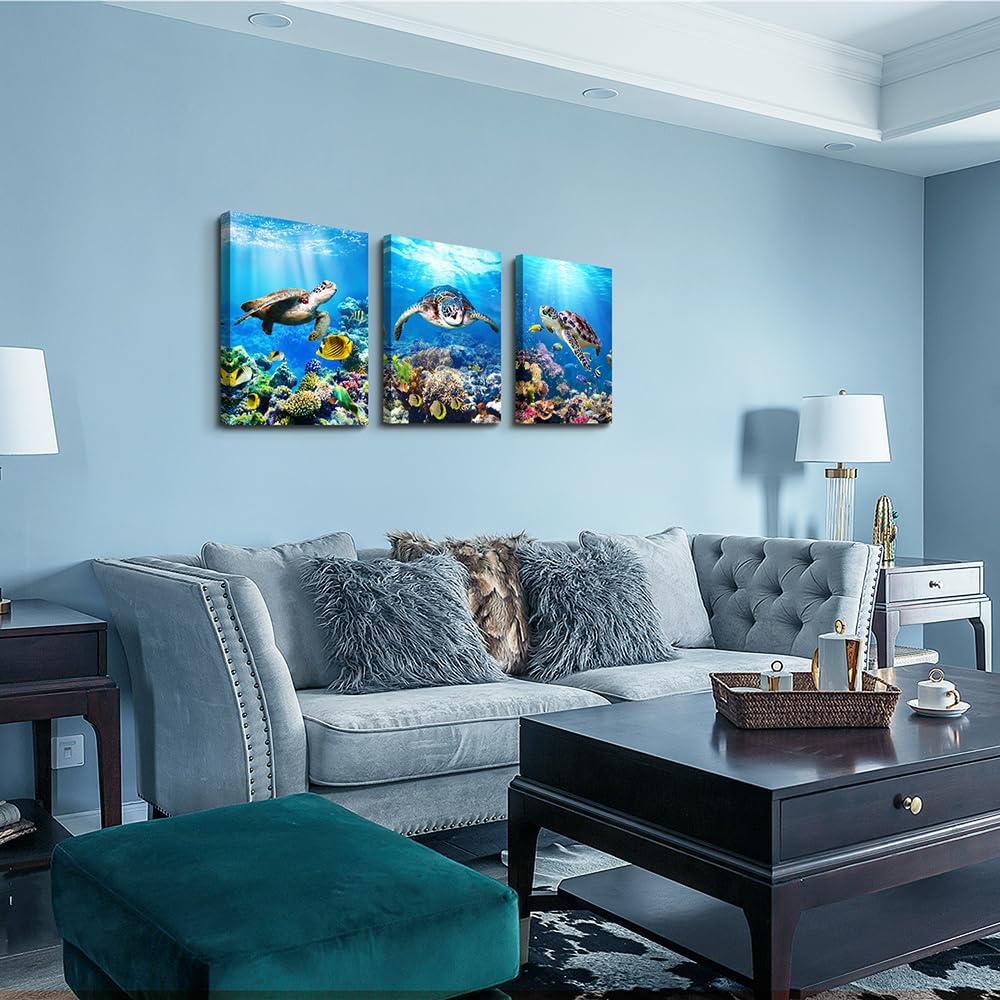 MHARTK66 Canvas Wall Art - Modern Decor for Living Room, Bedroom & Office - Sea Turtle Wall Paintings - Ocean & Underwater World Pictures - 3 Panels Ready to Hang - 12" X 16" Each