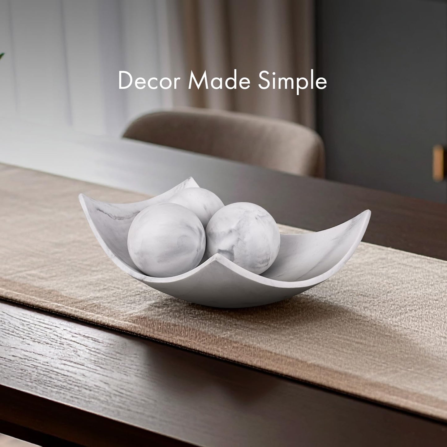 Creative Scents White Marble Look Decorative Bowl with matching Set of 3 Balls (2.75”) for Coffee Table Centerpiece, Dining Table, Living Room