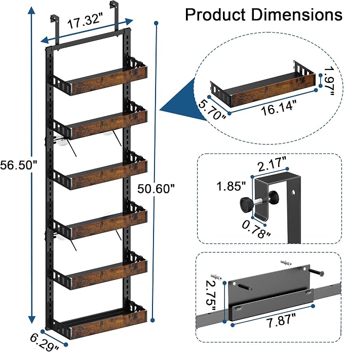 BUKFEN 6-Tier Over the Door Pantry Organizer, 2-in-1 Door Hanging or Wall Mounted Spice Rack with Adjustable Wooden Baskets, Heavy Duty Metal Storage Shelf, 12 Hooks for Kitchen, Bathroom, Closet