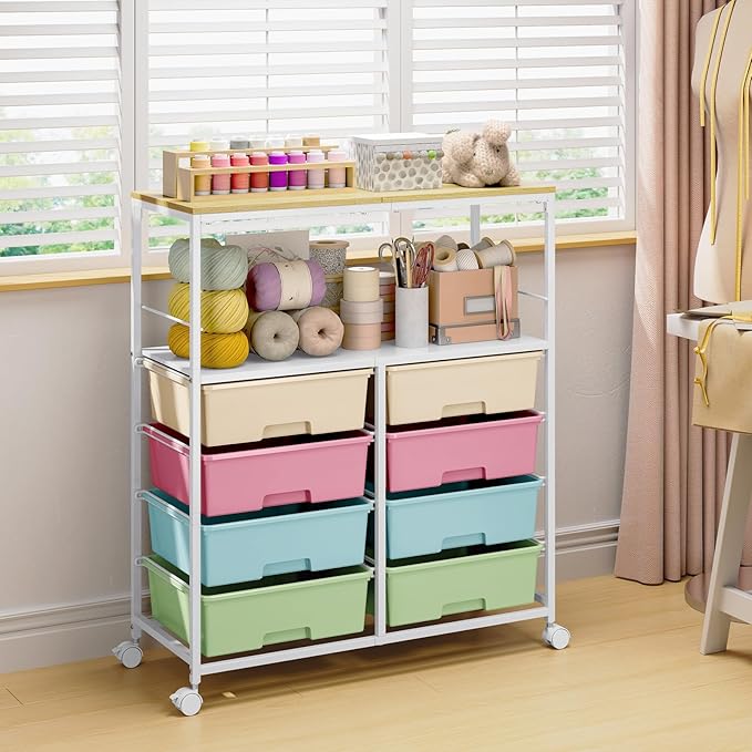Rolling cart with 8 drawers,Storage drawer cart with wooden tabletop,Lockable wheels organizer for homeschool, arts & crafts, classroom, office & creative spaces (Colorful)