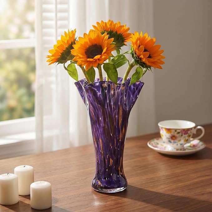 9.0" H Purple Glass Vases for Flowers, Unique Hand Blown Glass Vase Purple Home Decor, Wide Mouth Colorful Flower Vase Centerpieces, for Living Room Table Bookshelf, Bathroom Office Shelf Decorative