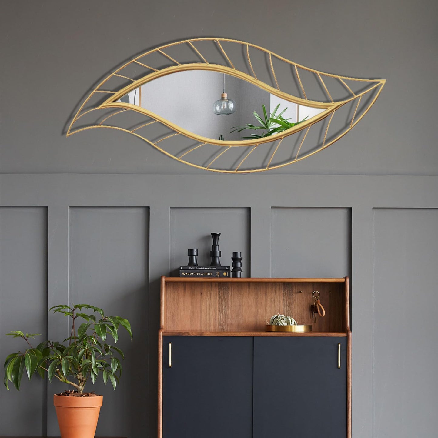 ironsmithn Leaf Teardrop Mirror, Gold Decorative Wall Mirror with Metal Frame, 45" x 18.5" Wall Mounted Mirrors for Bathroom Vanity Living Room Bedroom Fireplace
