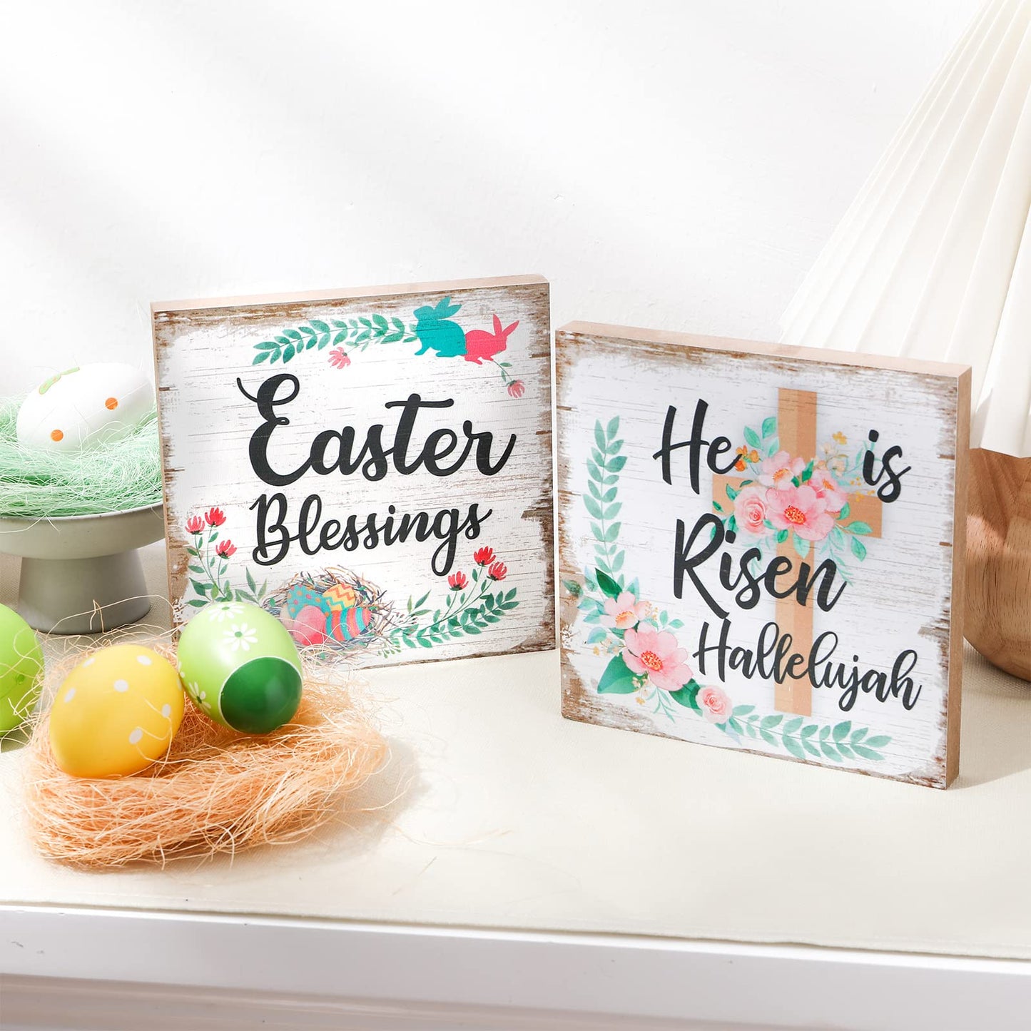 2 Pieces Farmhouse Easter Table Decoration Signs Wood Religious He Is Risen Centerpieces Flower Hallelujah Rustic Christian Jesus Block Signs Easter Decorations for Home Mantel Shelf Office Desk Decor