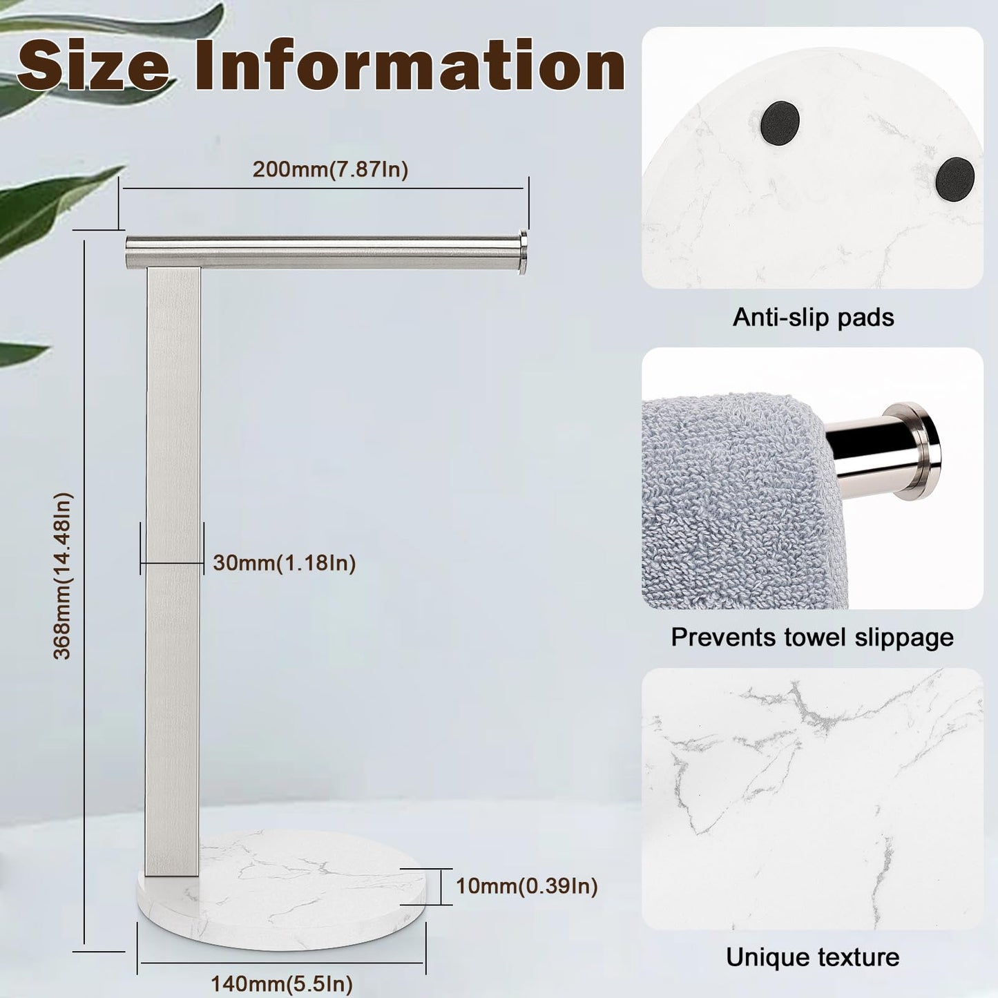 Siyzda Hand Towel Holder Stand for Bathroom, L- Shaped Standing Hand Towel Rack, Towel Bar Kitchen Vanity Countertop Organizer, SUS304 Stainless Steel Material (Marble Base, Brushed Nickel)