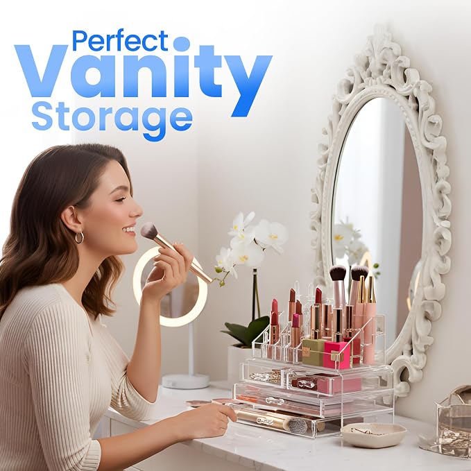 Masirs Clear Makeup Organizer - 16-Compartment Cosmetic and Jewelry Holder with 4 Drawers - Vanity Storage Box for Makeup, Skincare, Accessories, and Jewelry Display