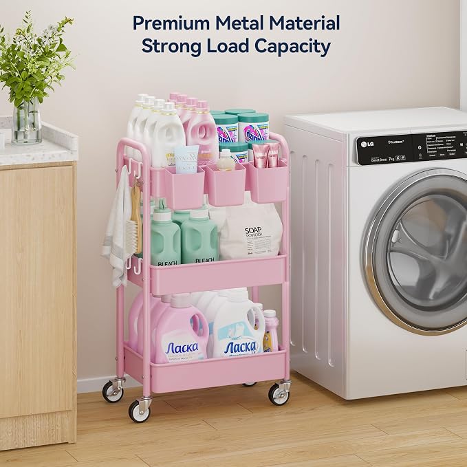 YASONIC 3-Tier Metal Rolling Cart, Heavy Duty Utility Cart with Lockable Wheels, Hanging Cups, Hooks, Mesh Rolling Storage Cart Craft Organizer, Lightweight and Sturdy, Pink